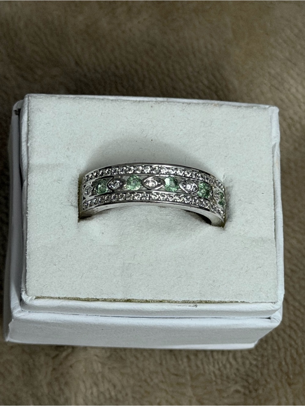 Silver Band Ring with Light Green and Clear Stones